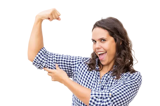 happy-proud-woman-showing-bicep-smiling-with-open-mouth
